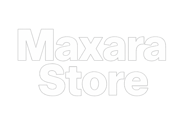 Write 'Maxara Store' in bold and thick letters with white color and a transparent background, and place the word 'Maxara' next to the word 'Store'.